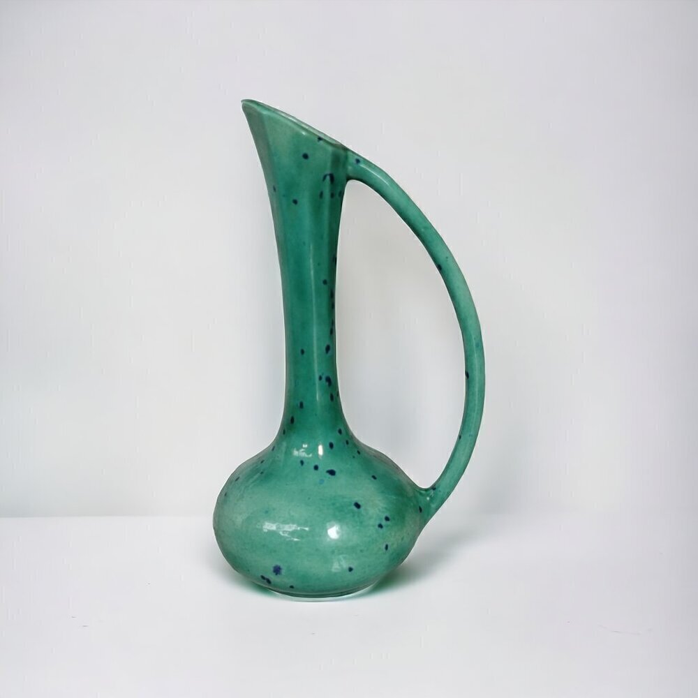 Vintage Pottery Small Ewer Long Neck Bud Vase Green Blue Signed 1983